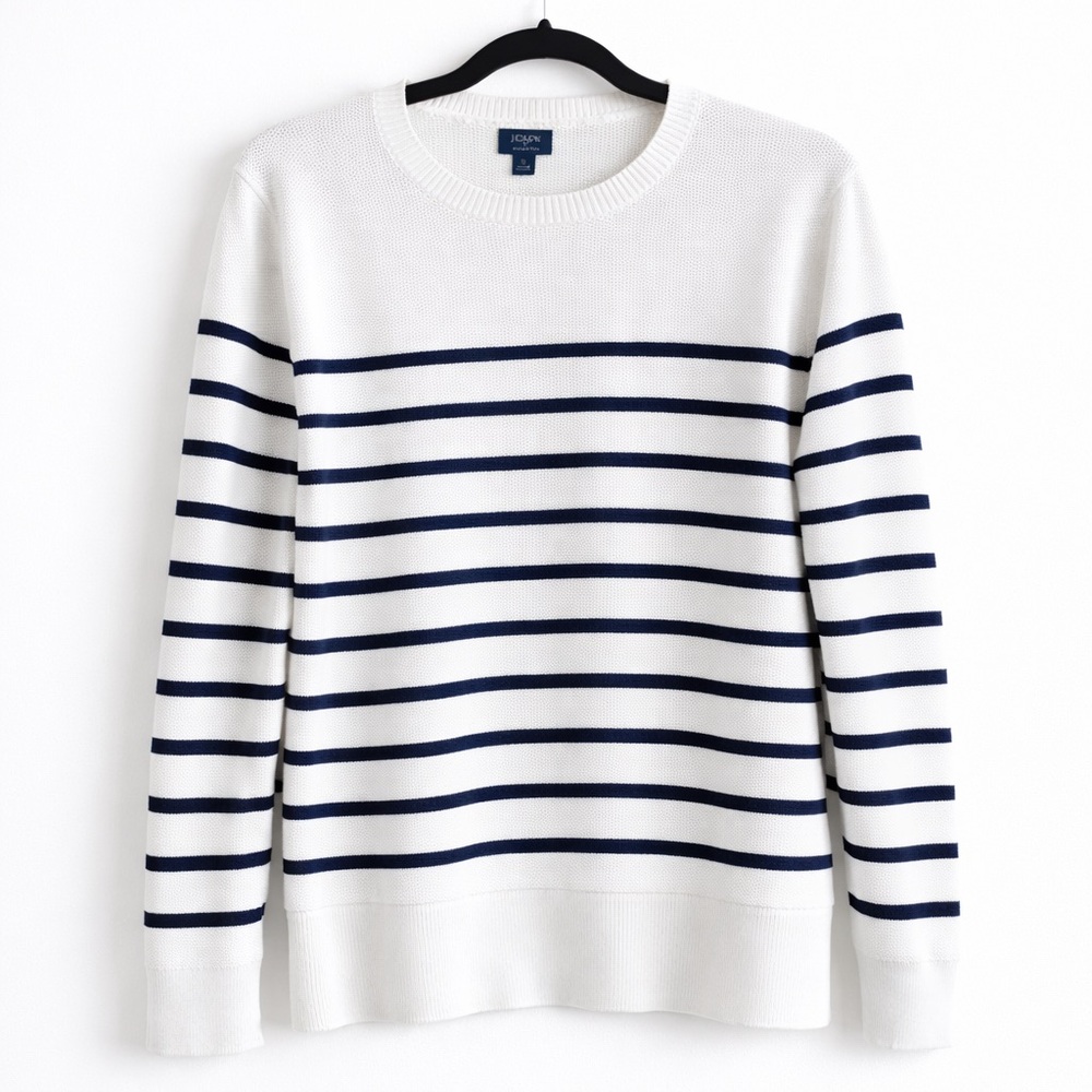 J. Crew White and Navy Striped Crewneck Sweater
